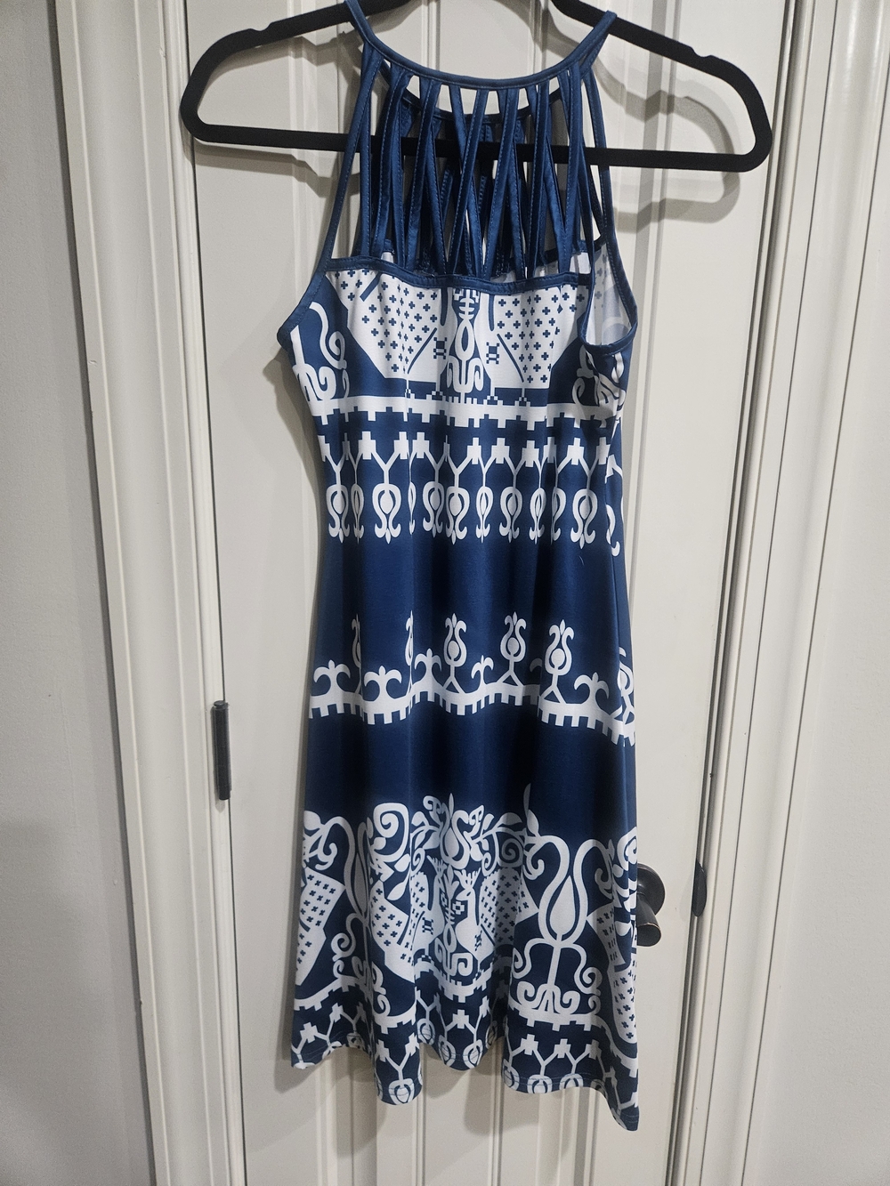 Navy & White Patterned Halter Dress